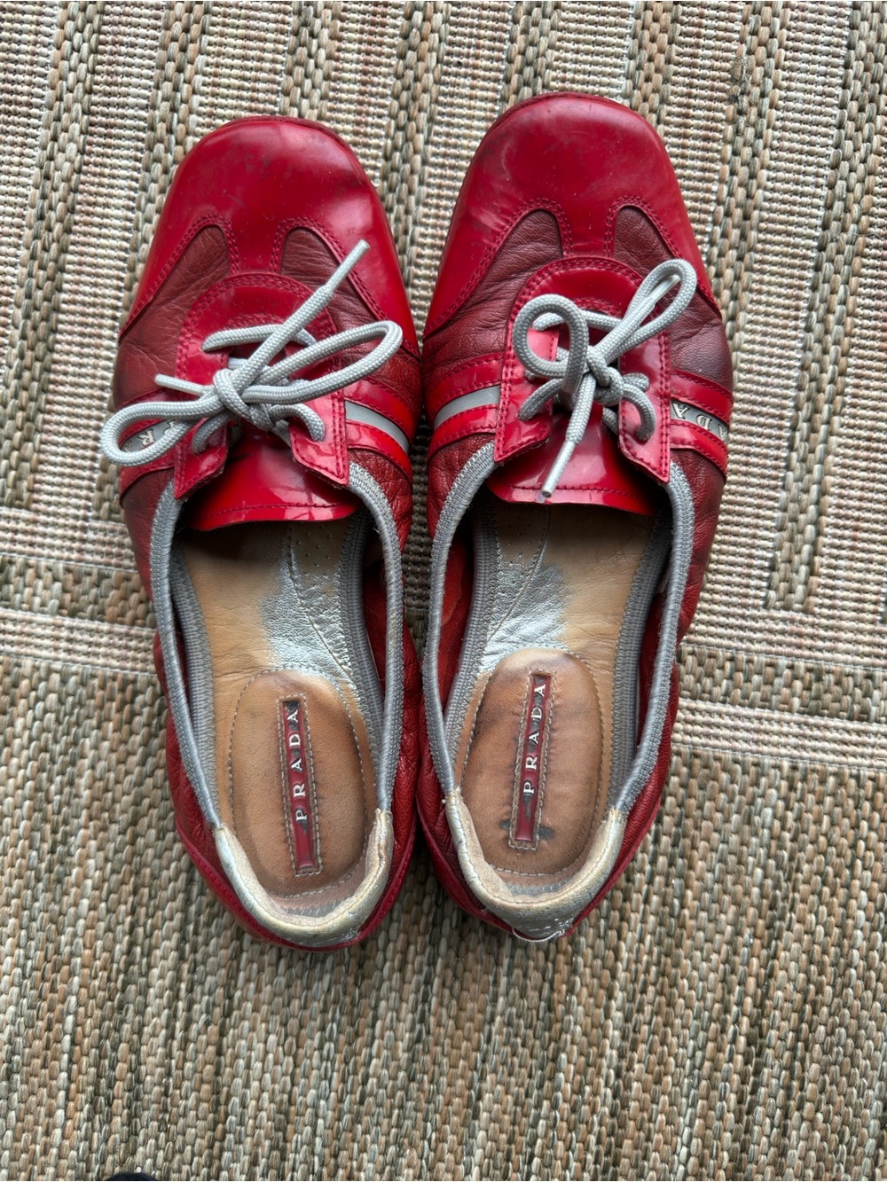Prada Red Leather Lace-Up Casual Sneakers with Silver Accents